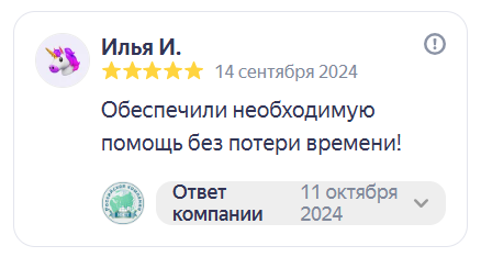 Отзыв на Яндекс Картах. Илья И., 5 звёзд, 14 сентября 2024: «Обеспечили необходимую помощь без потери времени!»